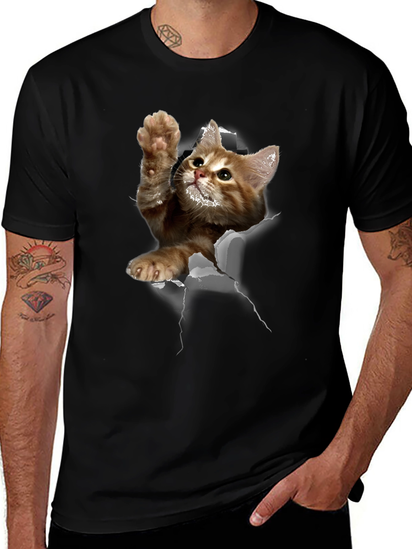 3D Cat Graphic Print Tee - Mens Black T-Shirt