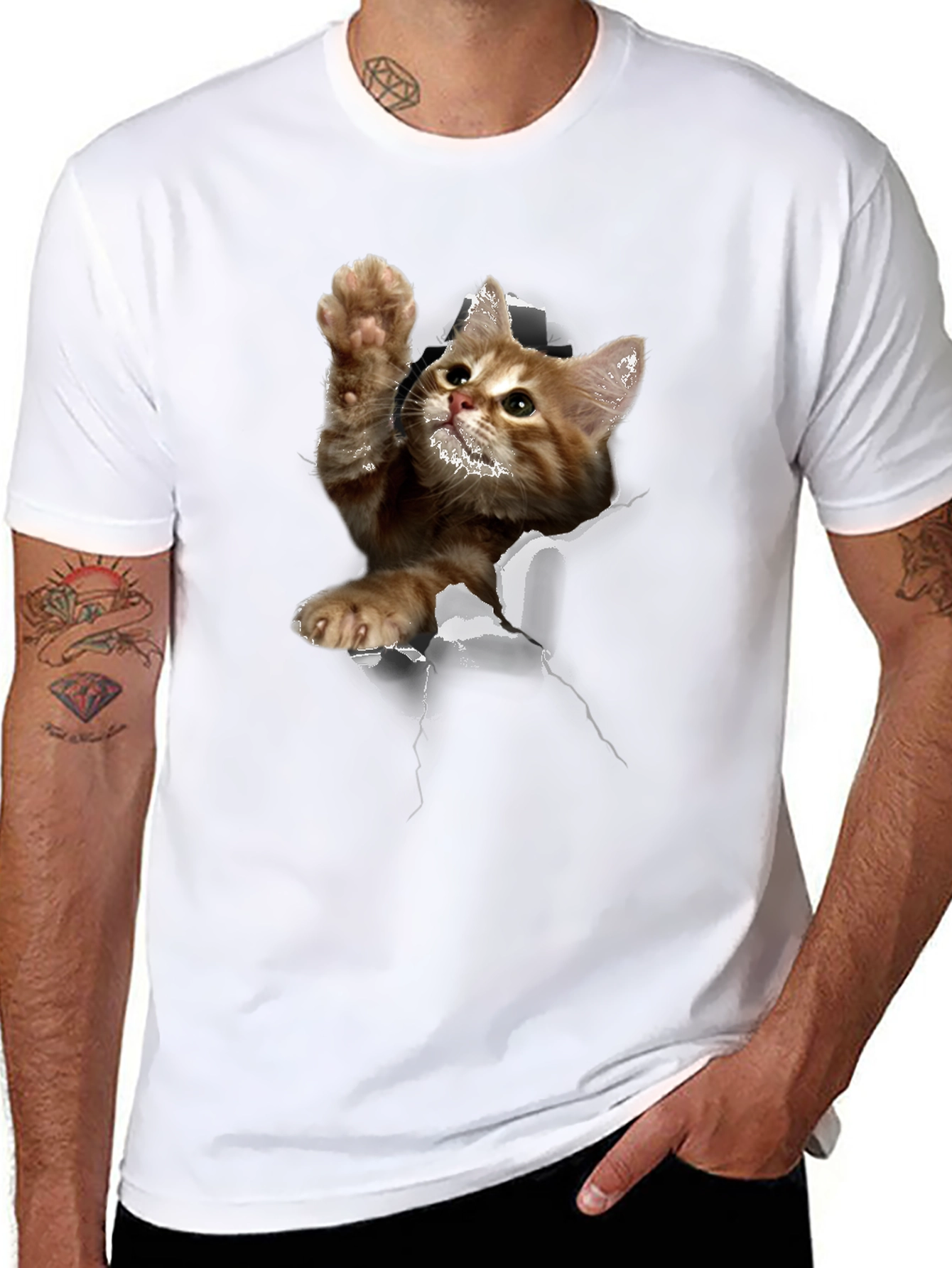 3D Cat Graphic Print Tee - Mens Black T-Shirt