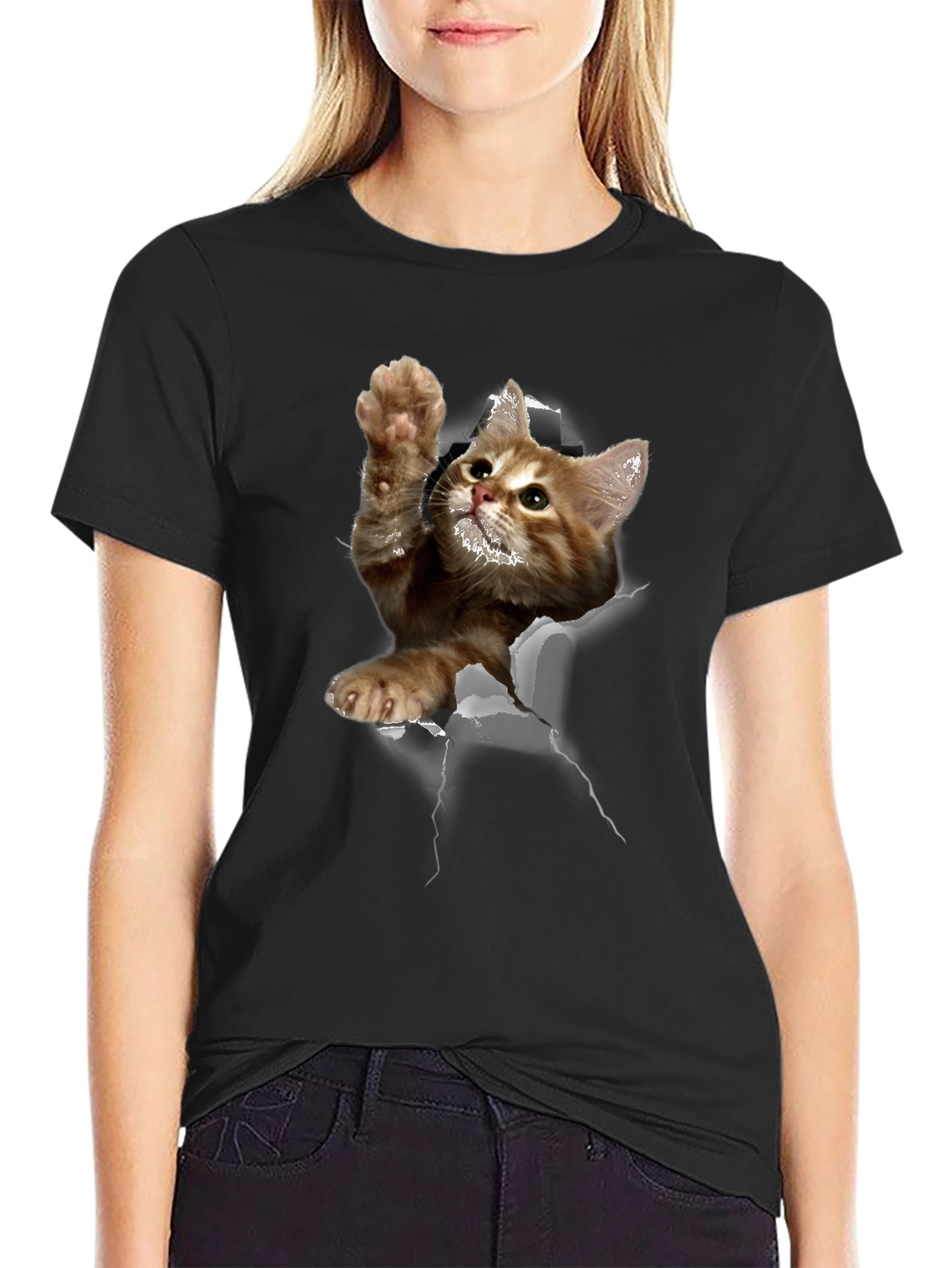 3D Cat Graphic Print Tee - Mens Black T-Shirt