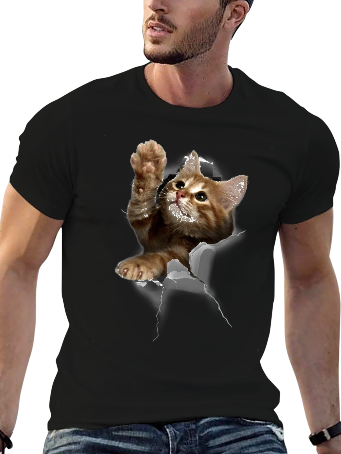 3D Cat Graphic Print Tee - Mens Black T-Shirt
