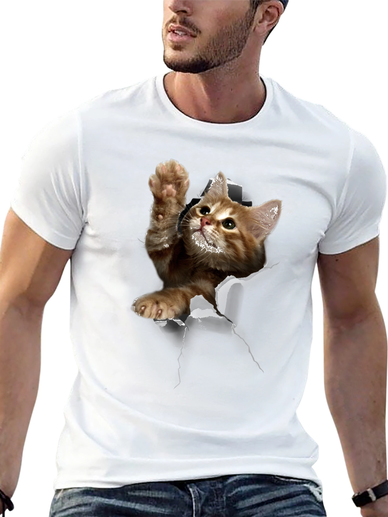 3D Cat Graphic Print Tee - Mens Black T-Shirt