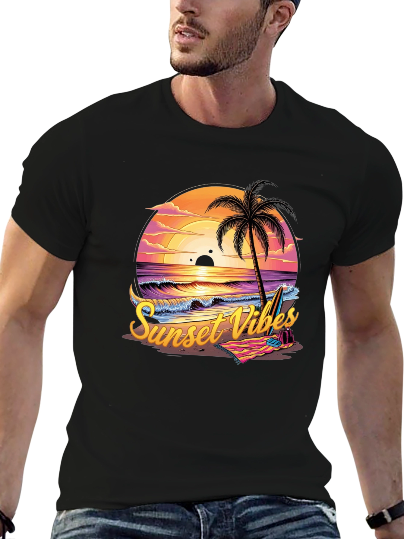 Sunset Vibes Graphic Tee - Beach Palm Tree