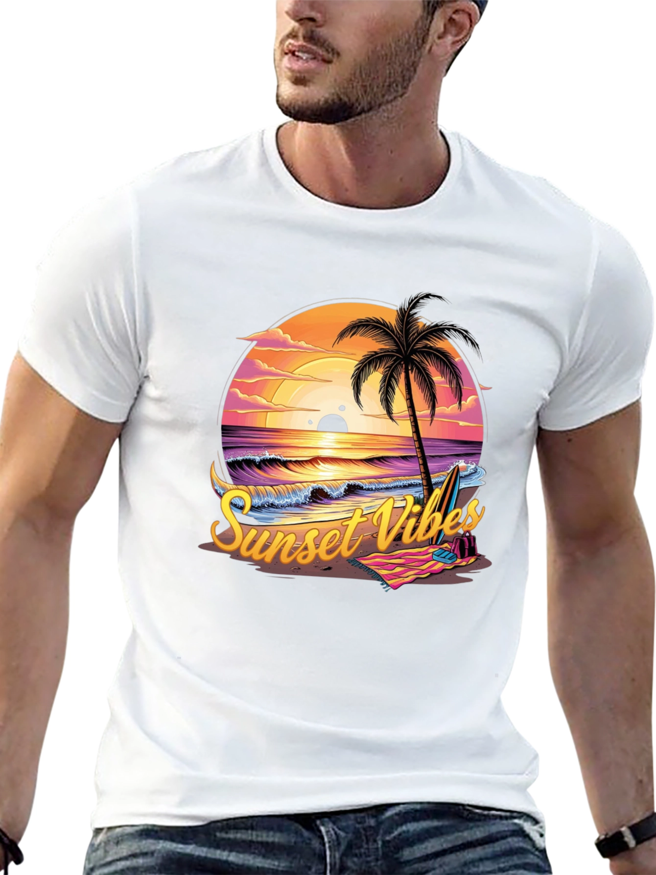 Sunset Vibes Graphic Tee - Beach Palm Tree
