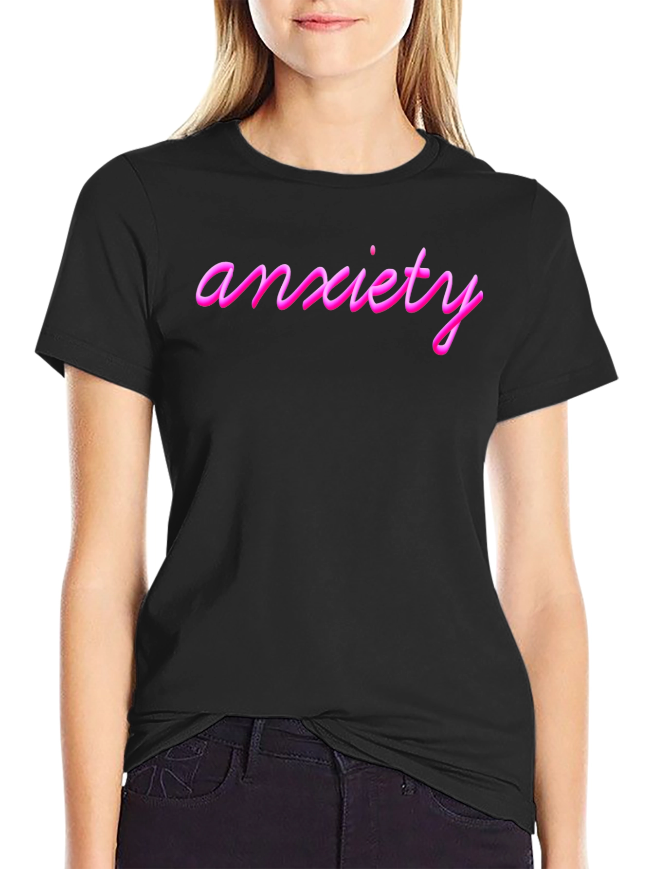 Anxiety Pink Text Black T-Shirt