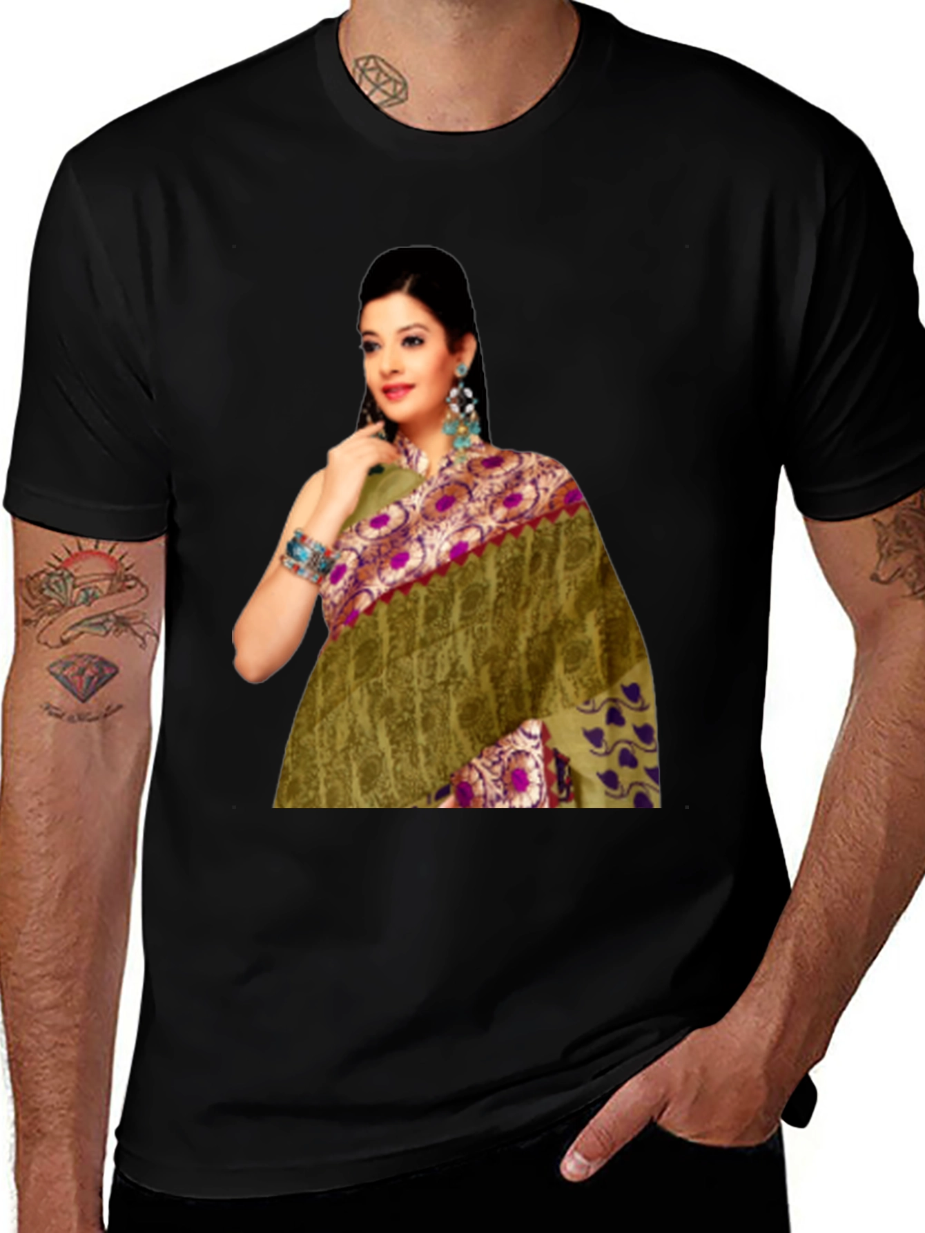 Black T-Shirt with Saree Print