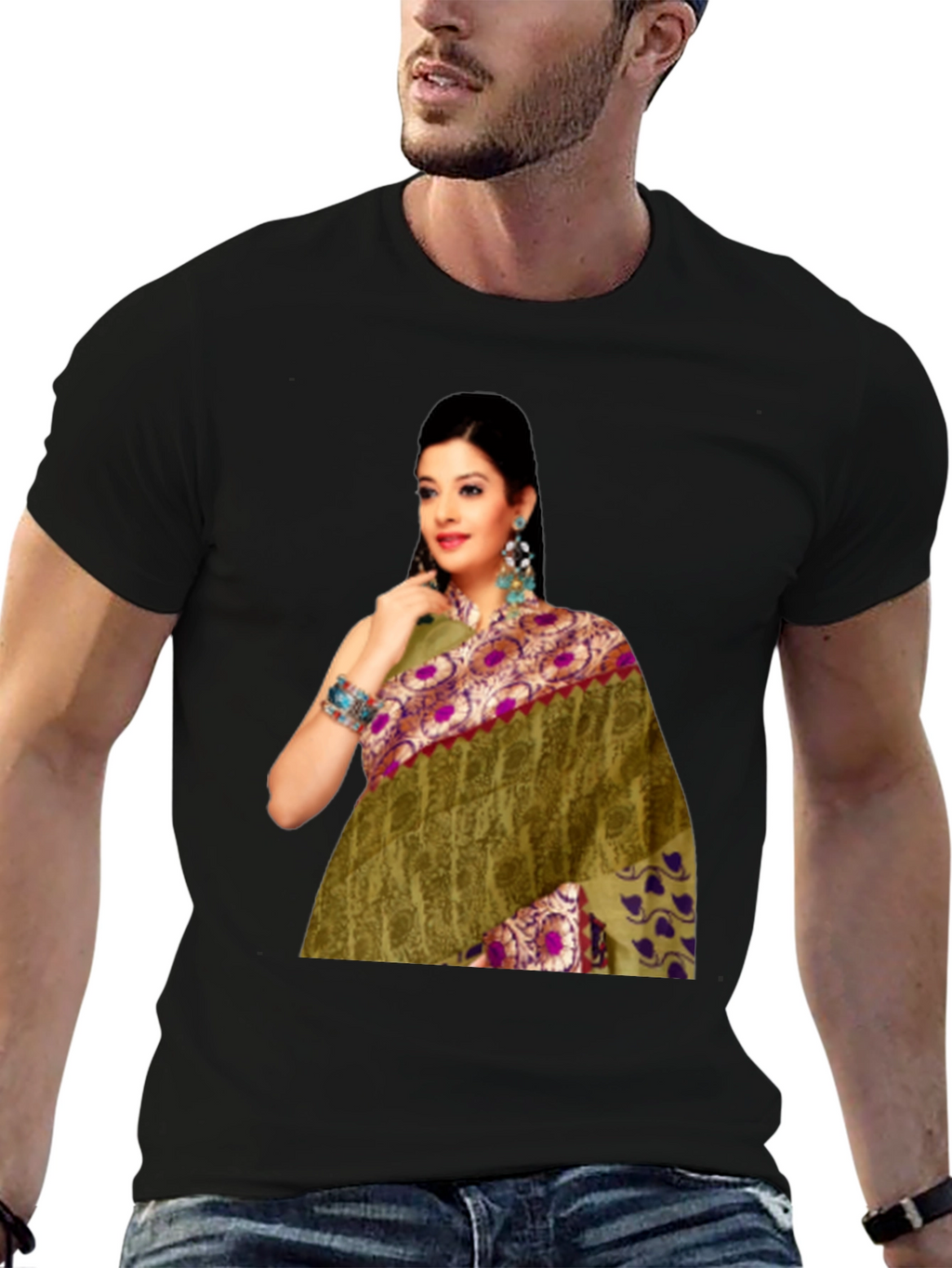 Black T-Shirt with Saree Print