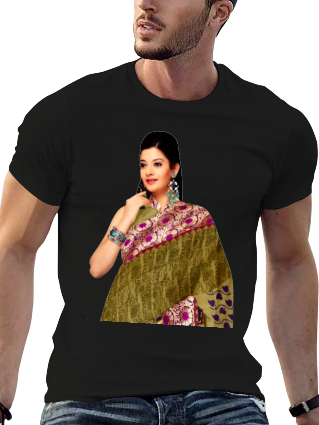 Black T-Shirt with Saree Print