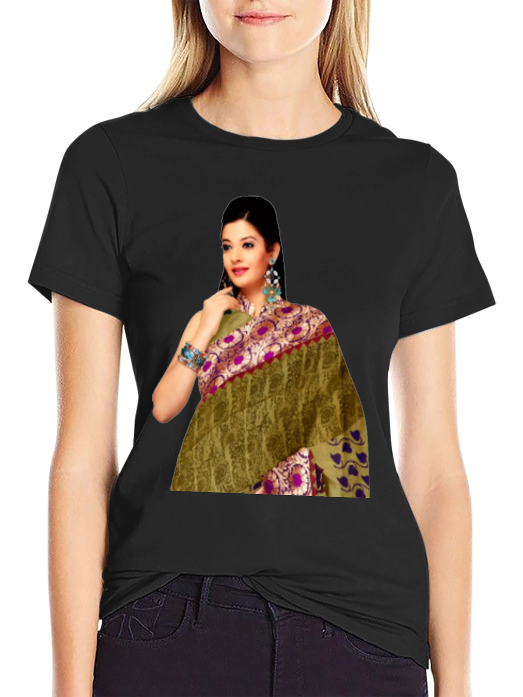 Black T-Shirt with Saree Print