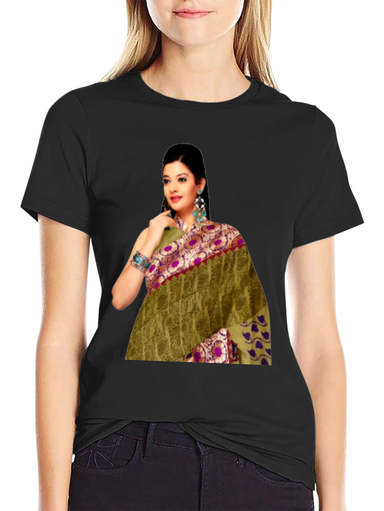 Black T-Shirt with Saree Print