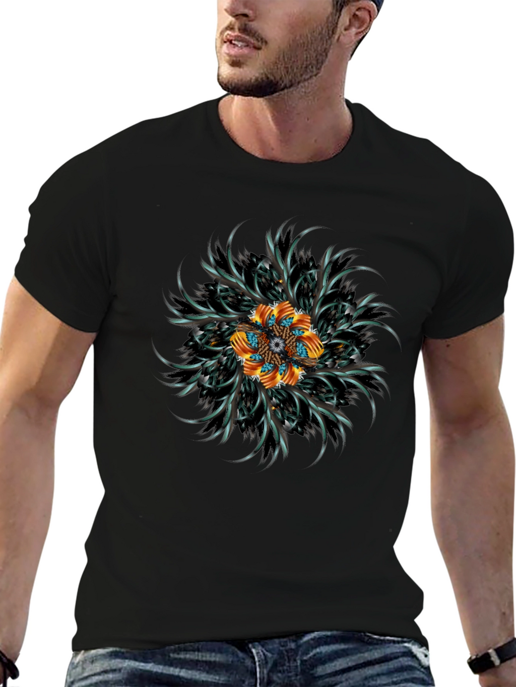 Abstract Floral Mandala Black T-Shirt