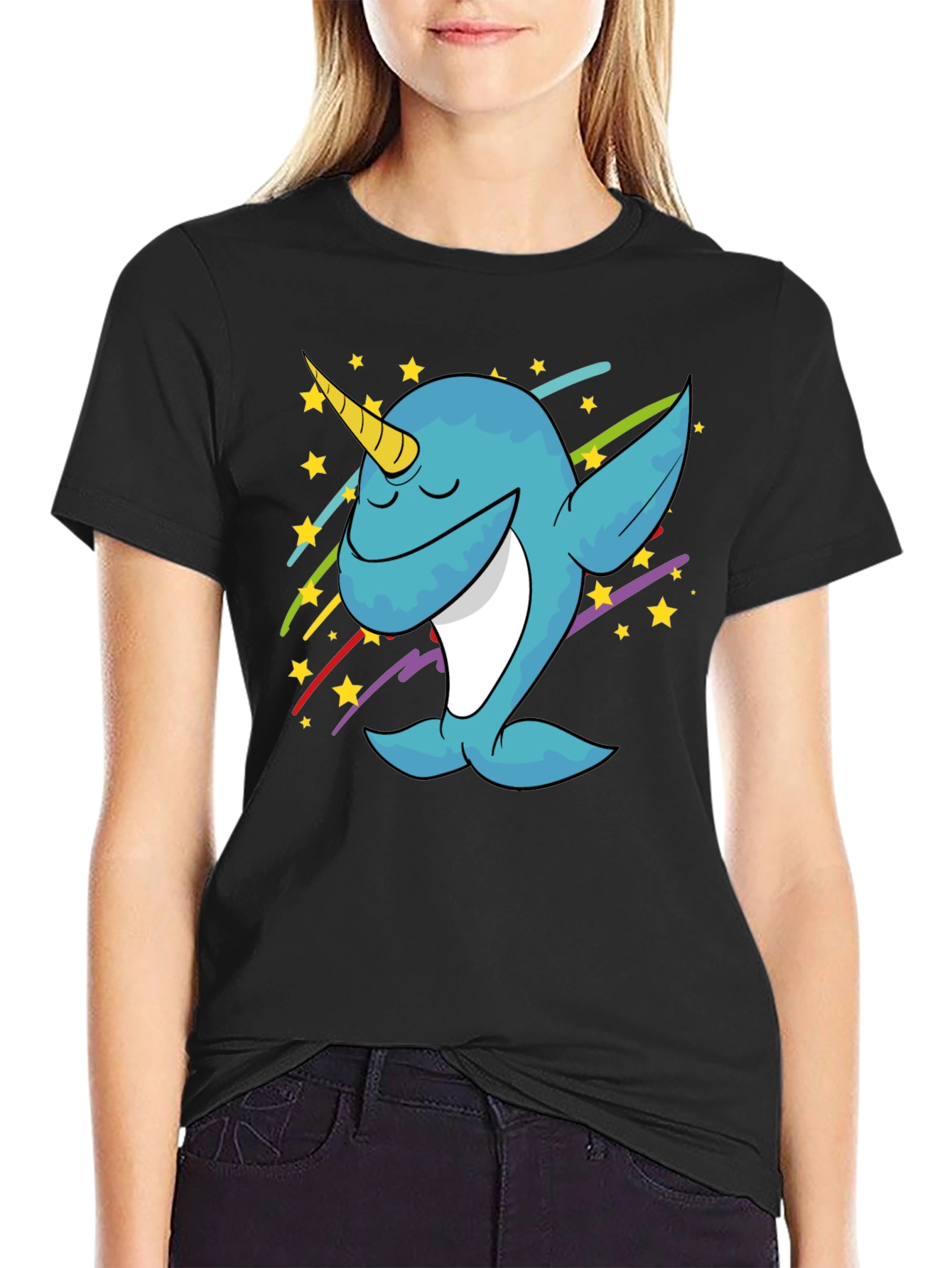 Dabbing Narwhal Graphic Tee - Trendy Black T-Shirt
