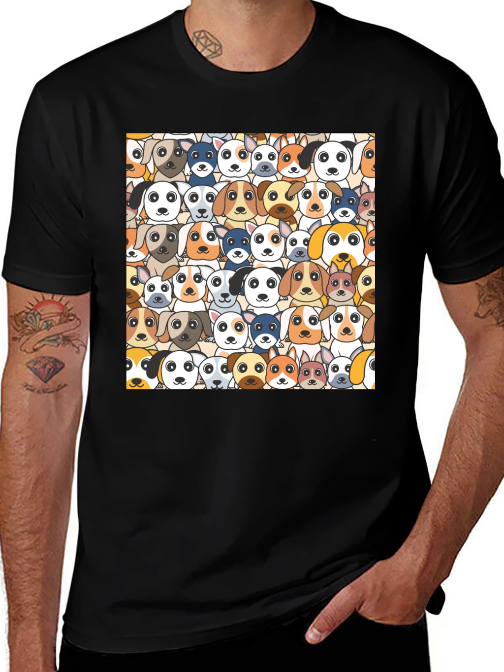 Dog Faces Graphic Print Black T-Shirt