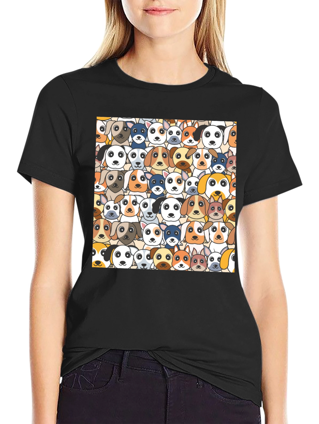 Dog Faces Graphic Print Black T-Shirt