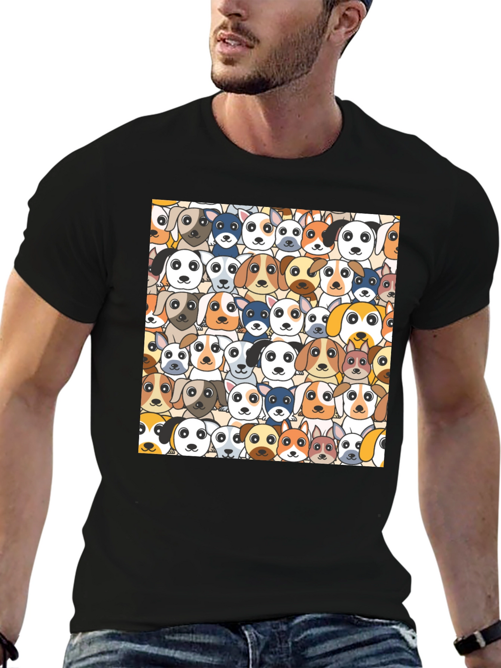 Dog Faces Graphic Print Black T-Shirt