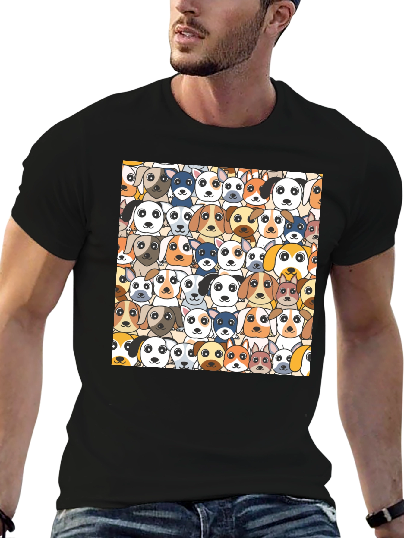 Dog Faces Graphic Print Black T-Shirt