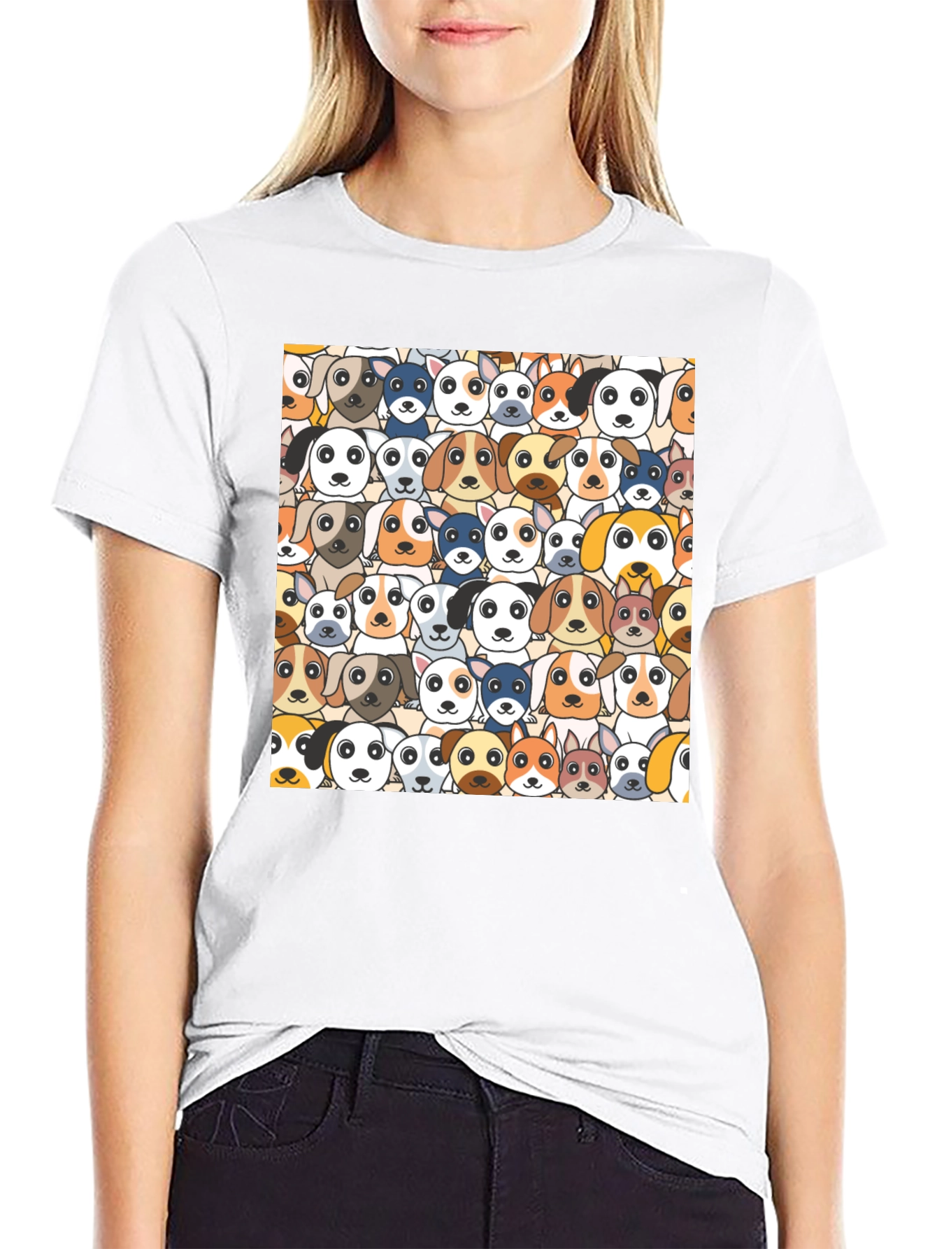 Dog Faces Graphic Print Black T-Shirt