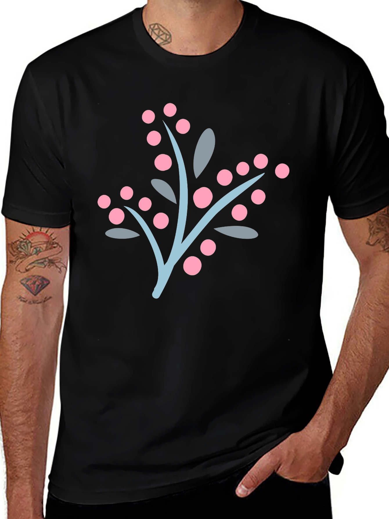 Stylish Black Tee with Berry Branch Design