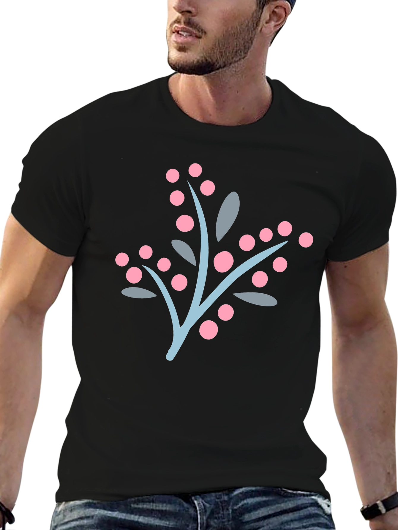 Stylish Black Tee with Berry Branch Design