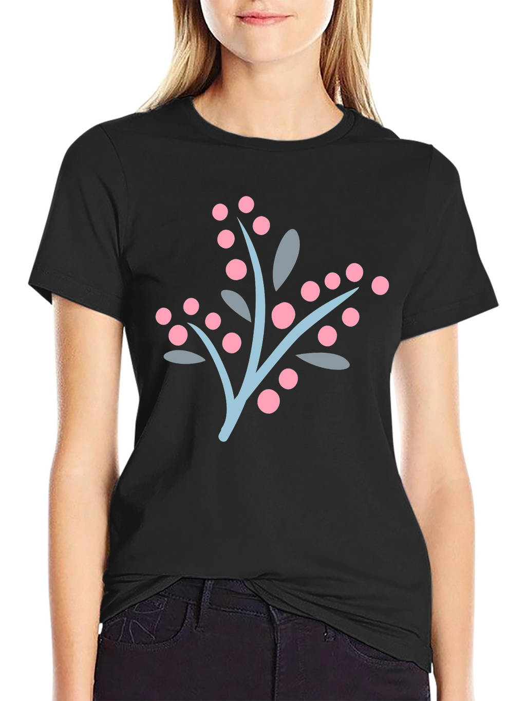 Stylish Black Tee with Berry Branch Design
