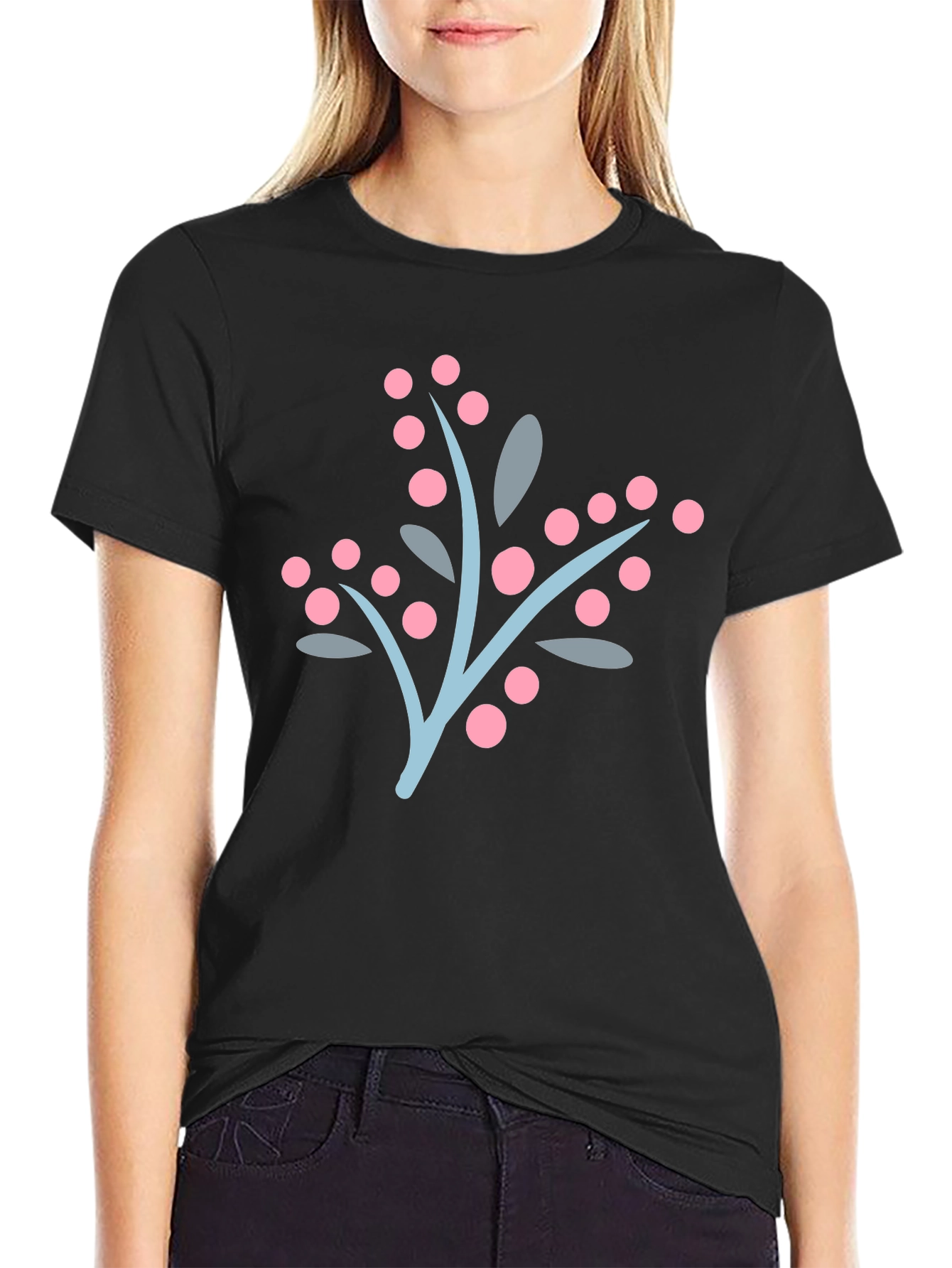 Stylish Black Tee with Berry Branch Design
