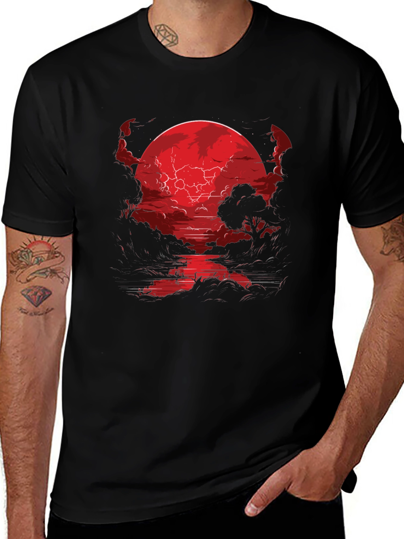 Crimson Moon River Graphic Tee - Dark Fantasy Shirt
