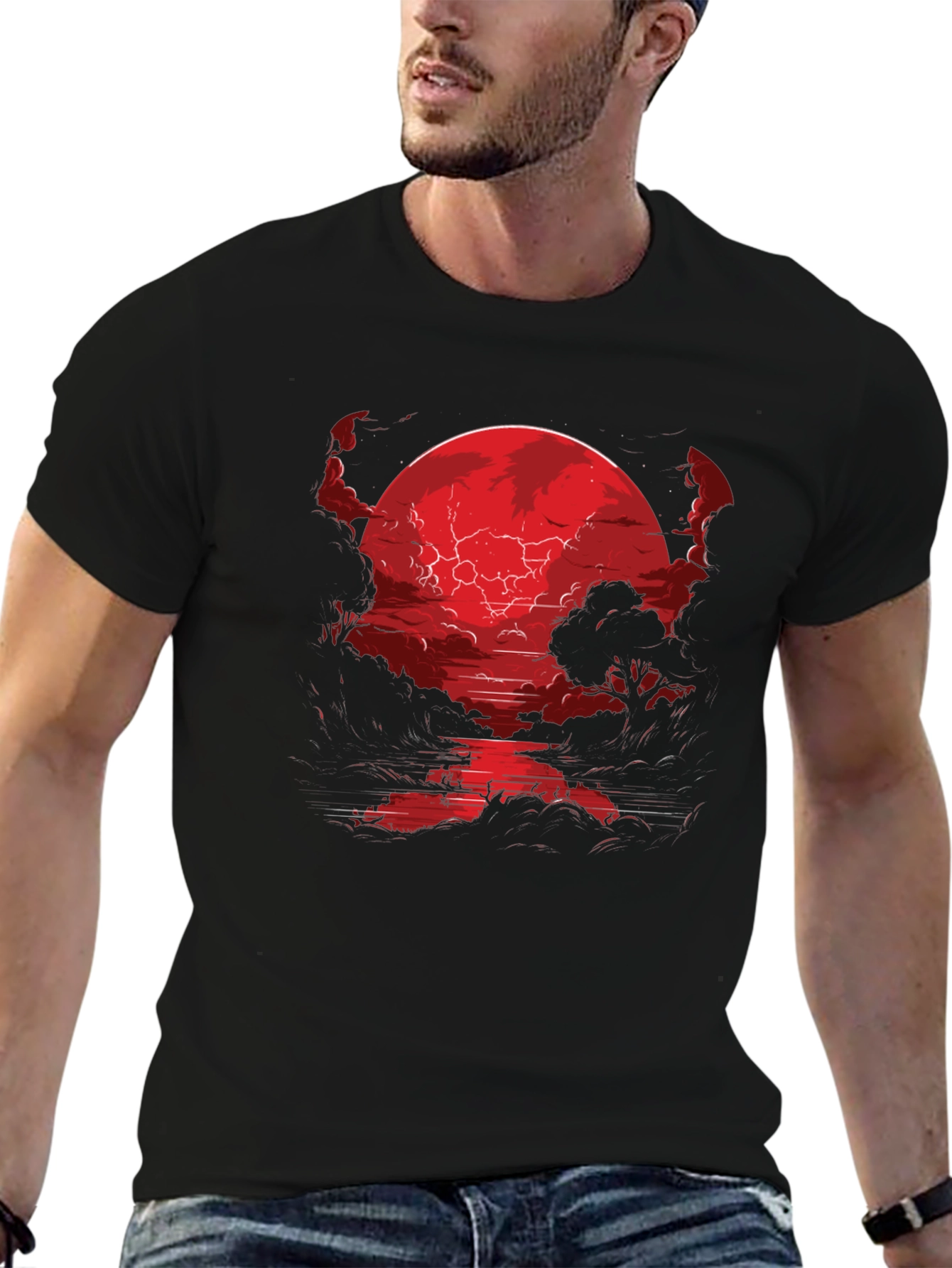 Crimson Moon River Graphic Tee - Dark Fantasy Shirt
