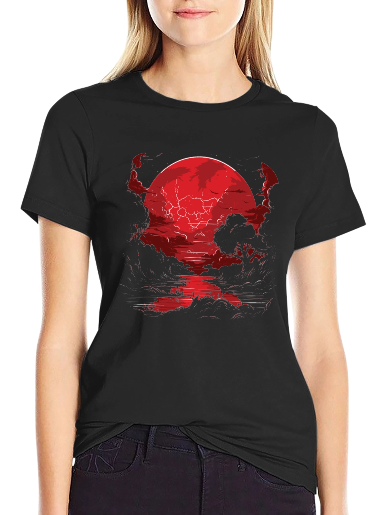 Crimson Moon River Graphic Tee - Dark Fantasy Shirt