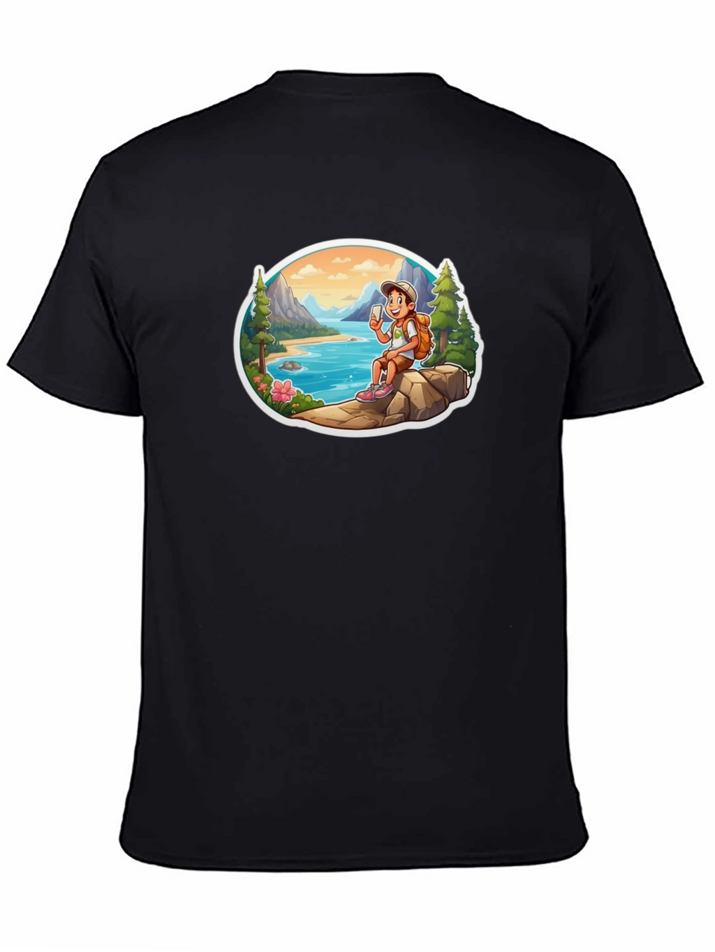 Cartoon Hiker Graphic Tee - Black T-Shirt
