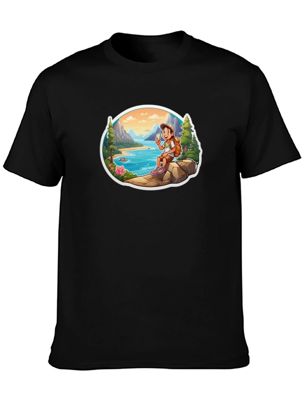 Cartoon Hiker Graphic Tee - Black T-Shirt