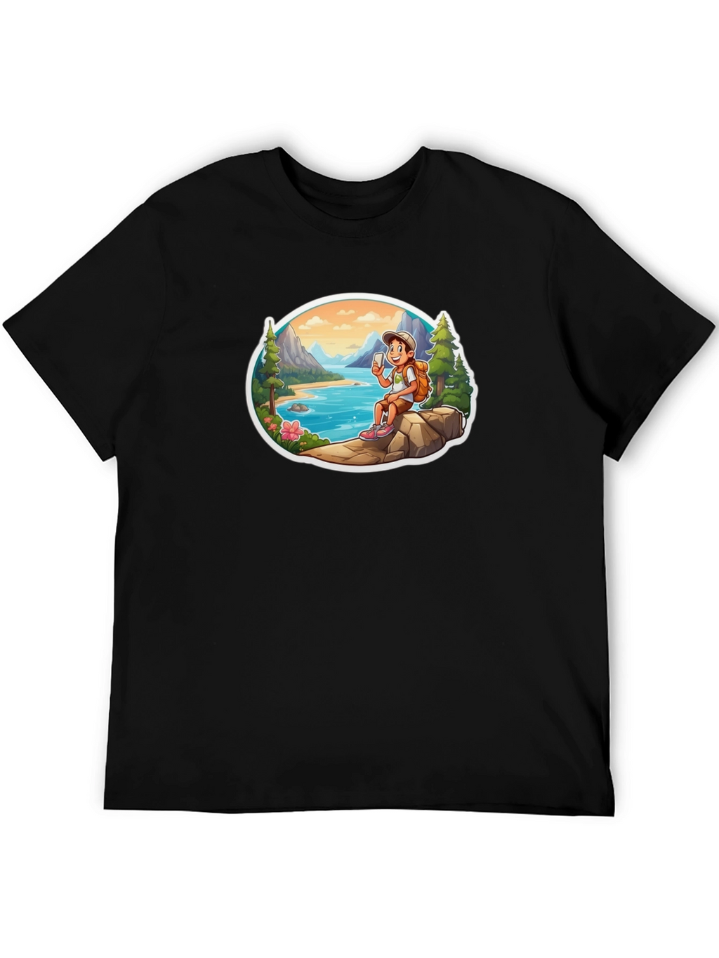 Cartoon Hiker Graphic Tee - Black T-Shirt