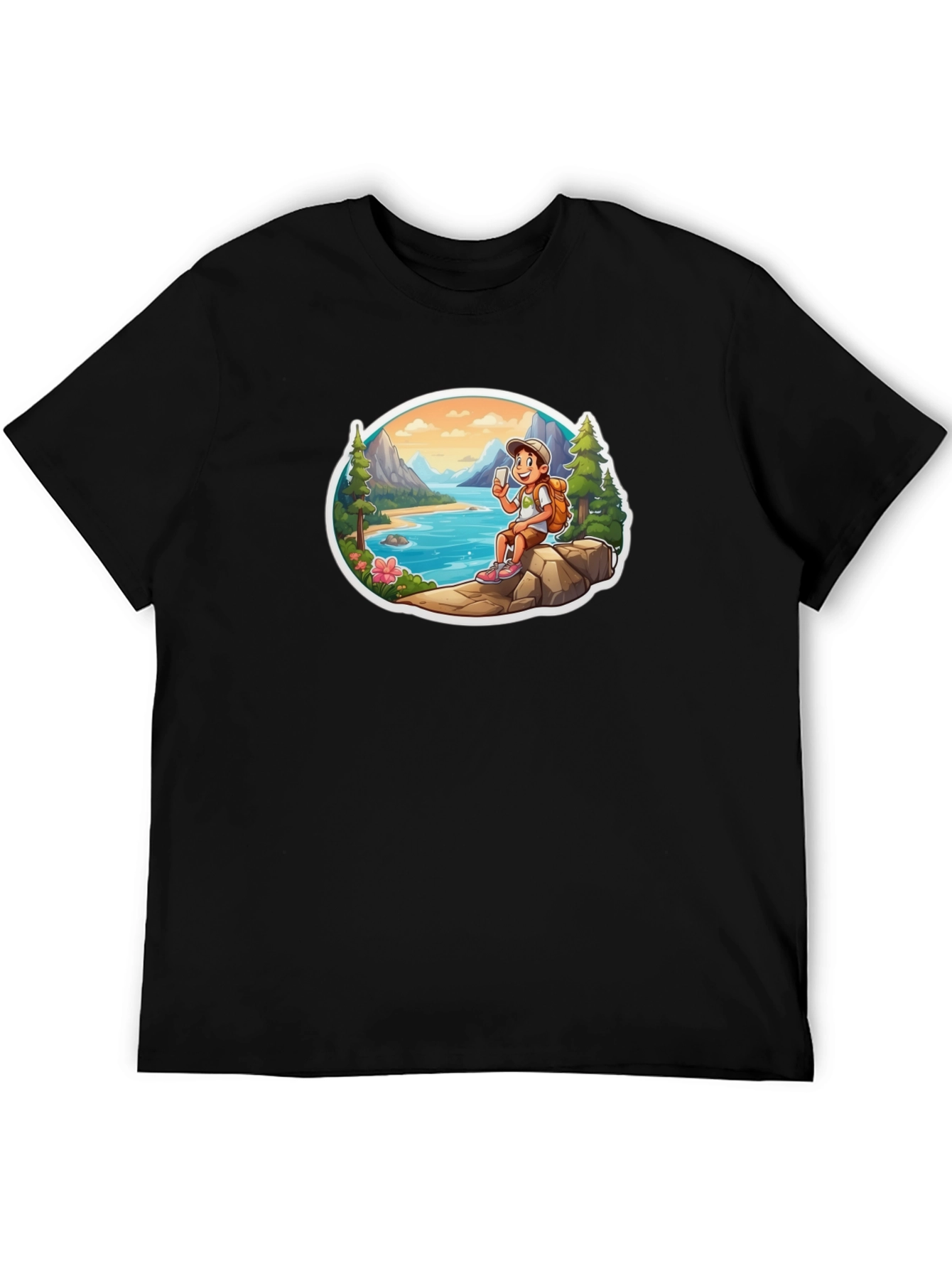 Cartoon Hiker Graphic Tee - Black T-Shirt