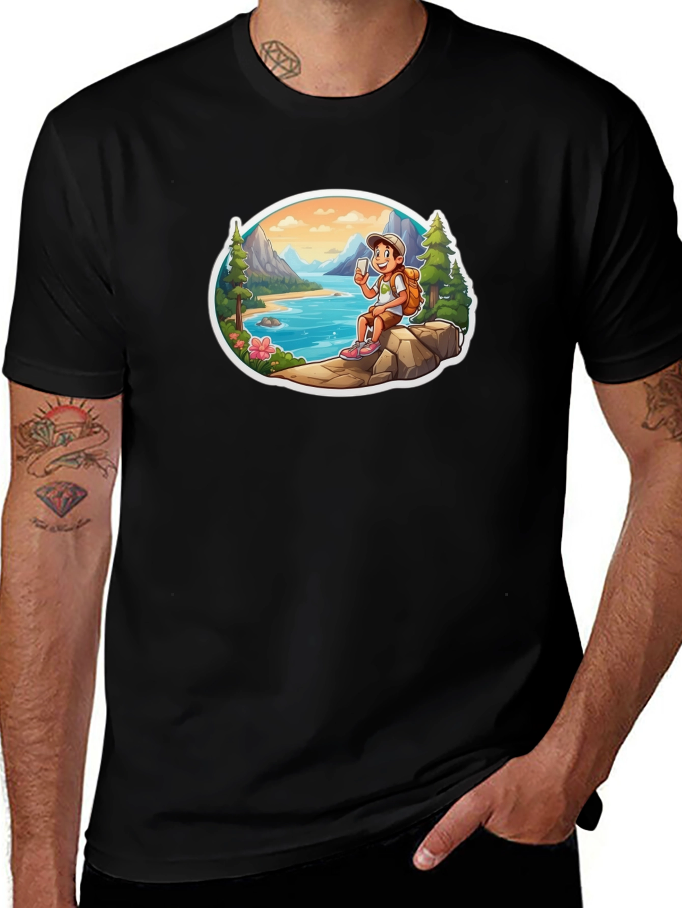Cartoon Hiker Graphic Tee - Black T-Shirt