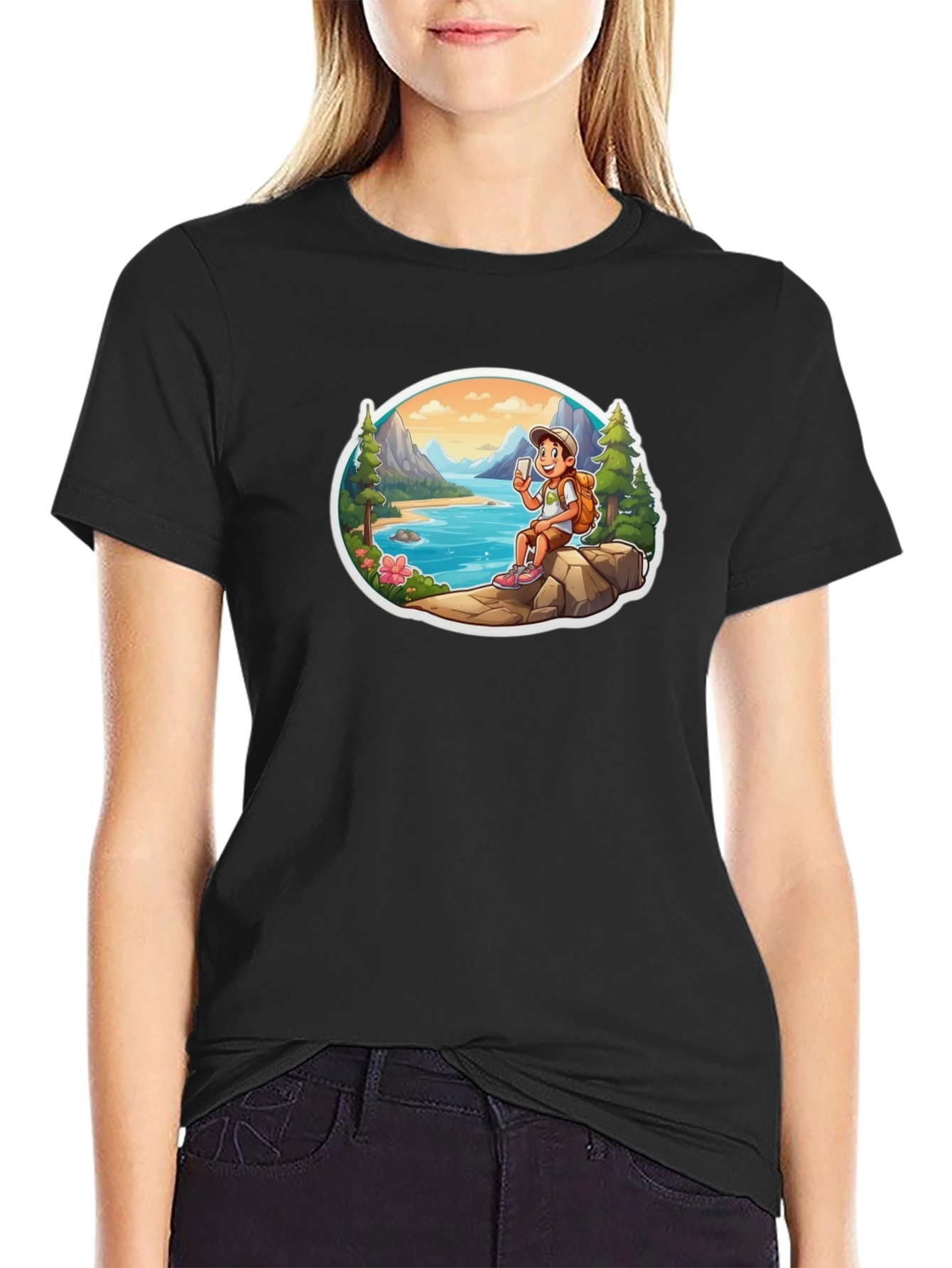 Cartoon Hiker Graphic Tee - Black T-Shirt
