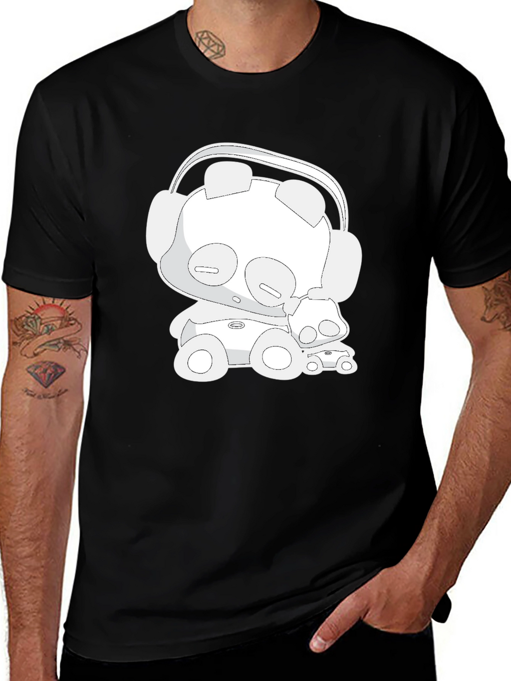 Cartoon Bear Headphones Black T-Shirt