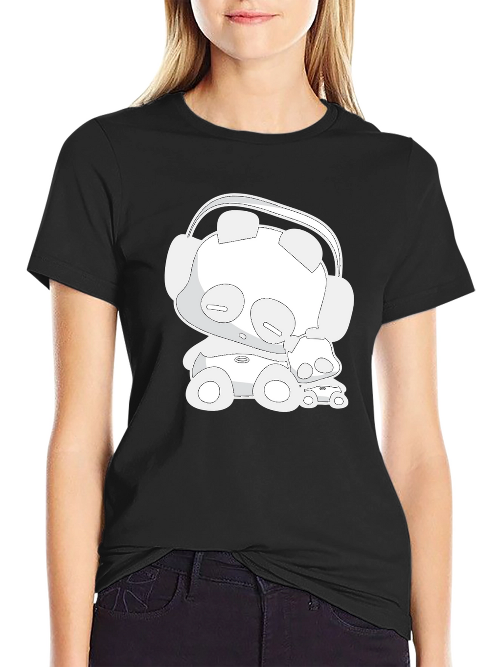 Cartoon Bear Headphones Black T-Shirt