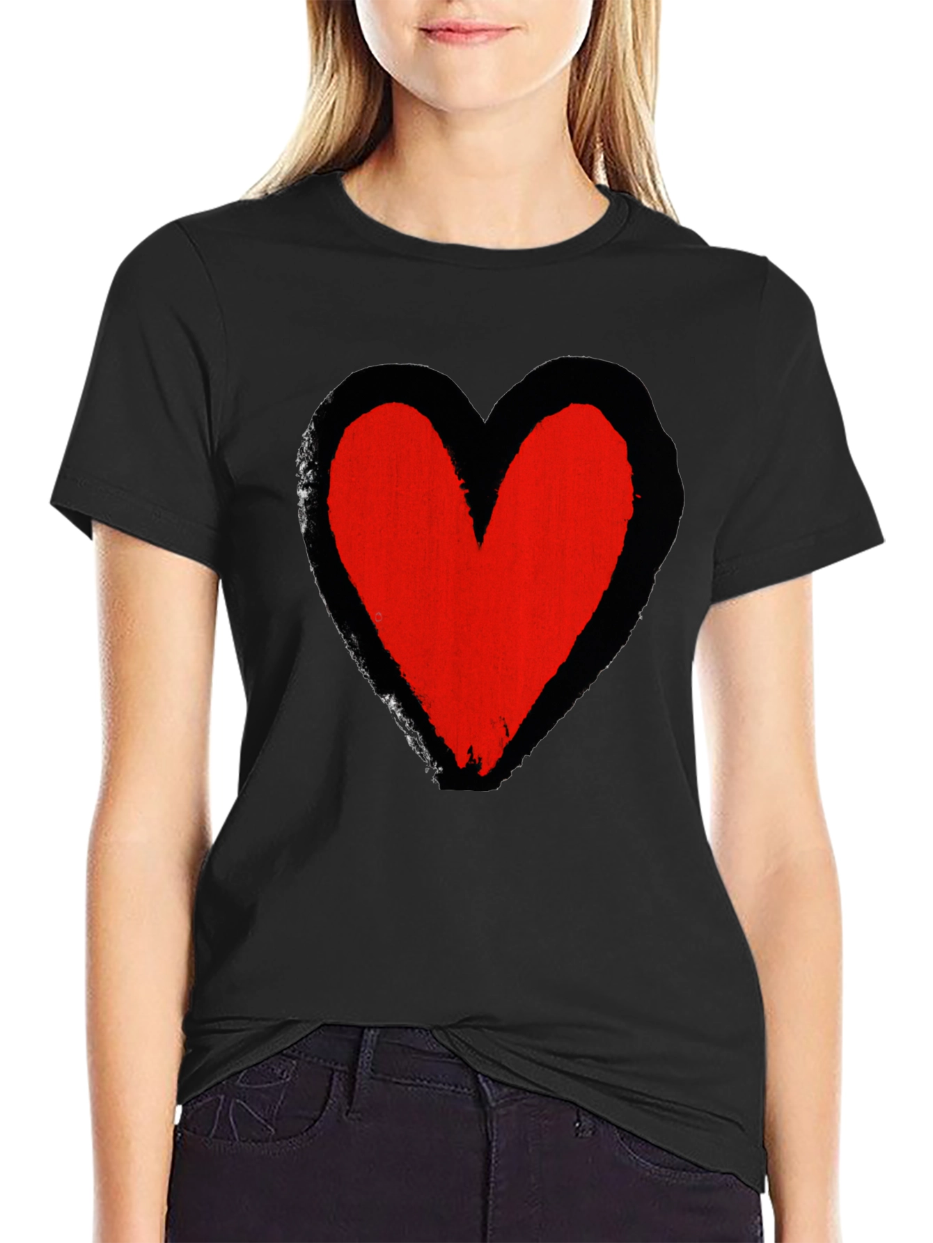 Grunge Heart Graphic Tee - Soft Black Cotton Casual Shirt