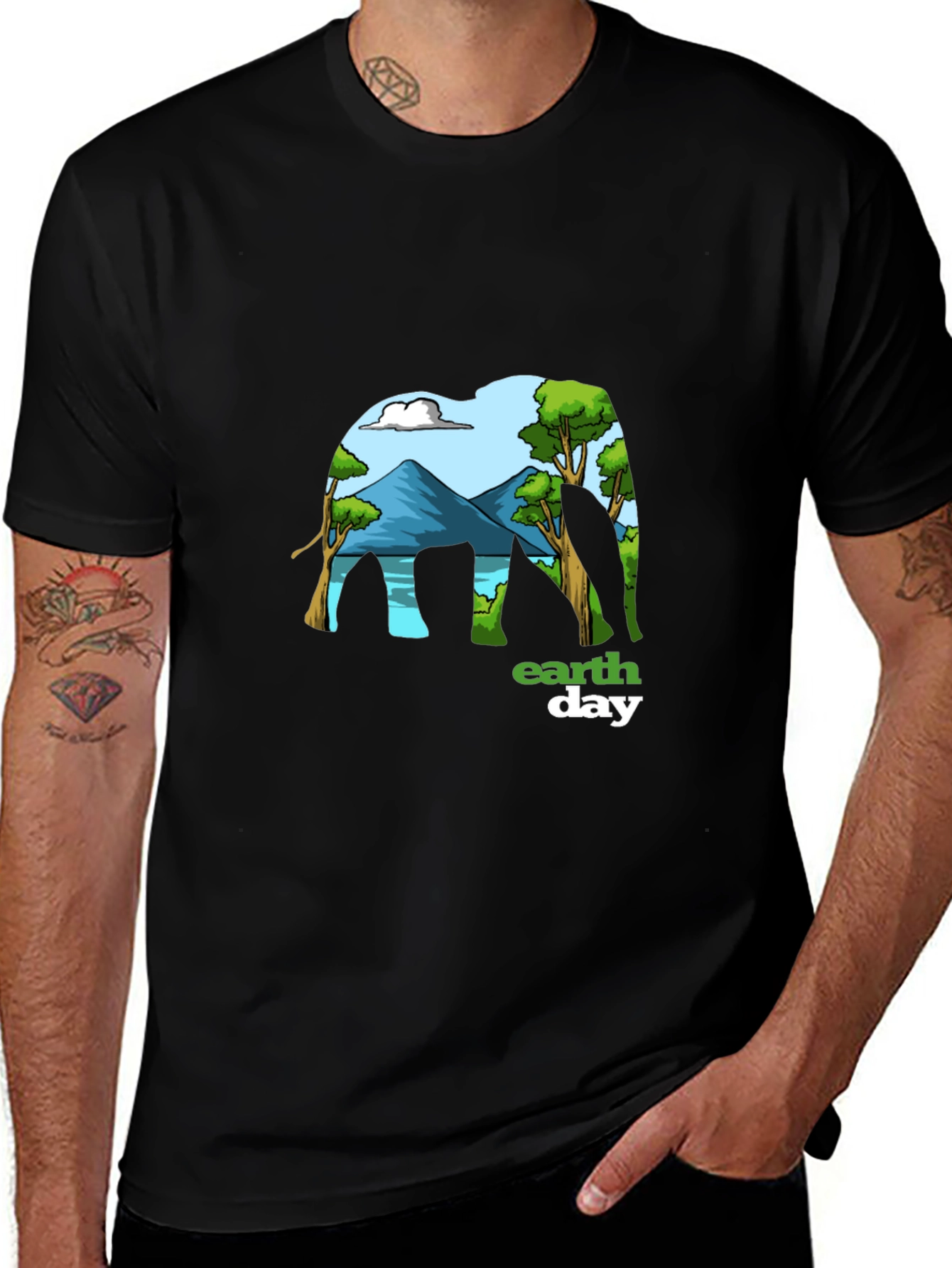 Earth Day Elephant Graphic Tee - Mens Black T-Shirt