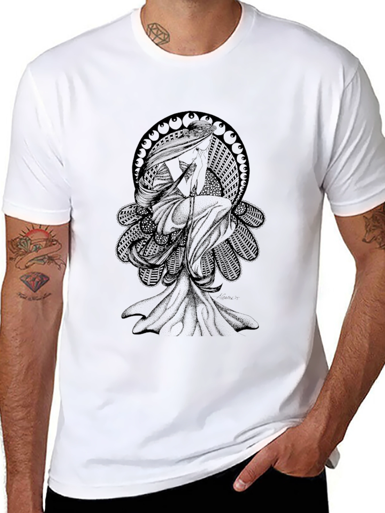 Elegant Black T-Shirt with Art Nouveau Graphic
