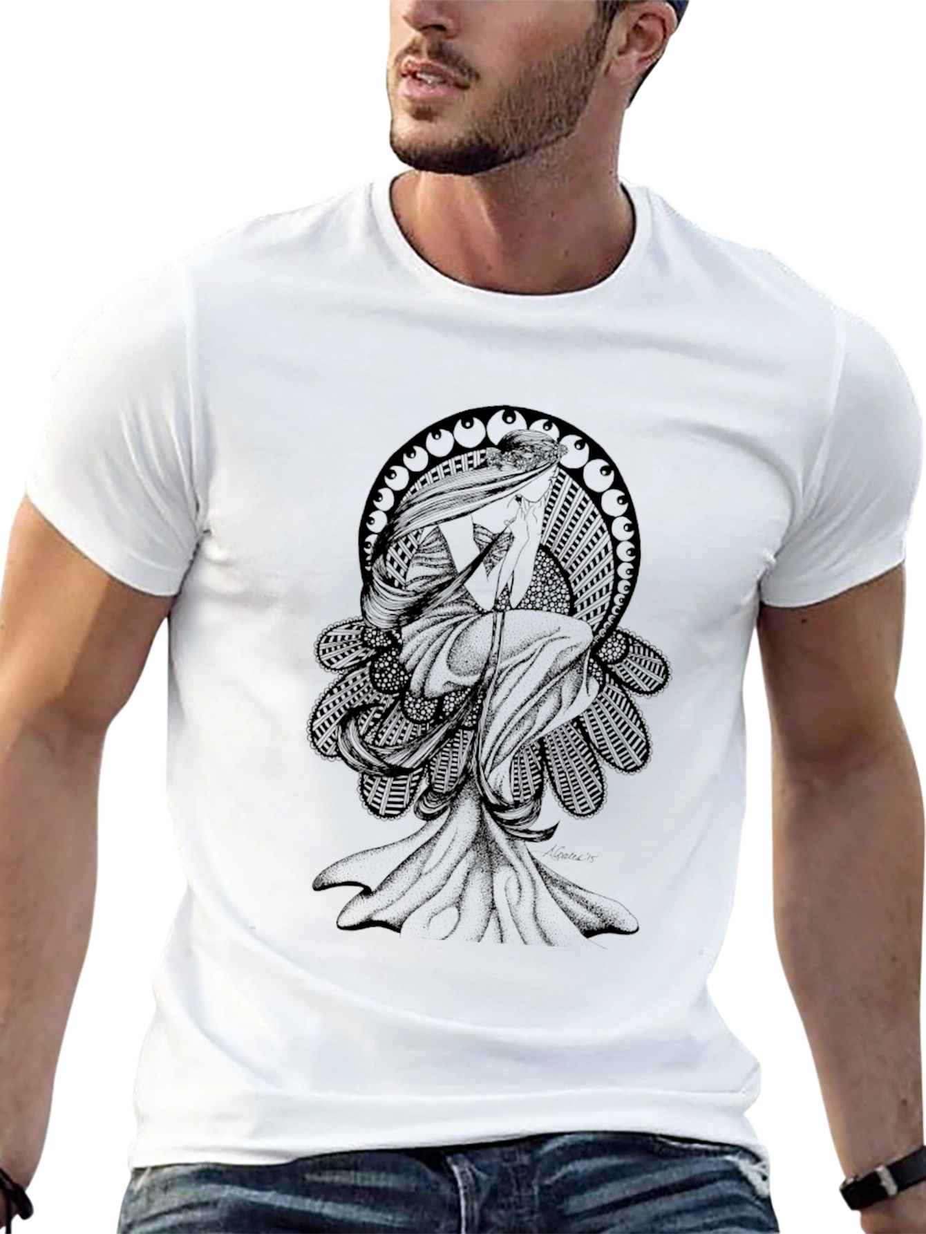 Elegant Black T-Shirt with Art Nouveau Graphic