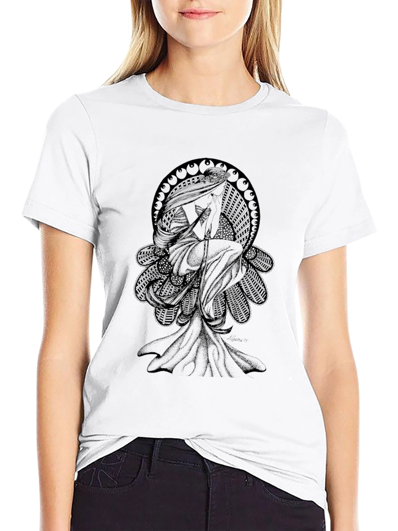 Elegant Black T-Shirt with Art Nouveau Graphic