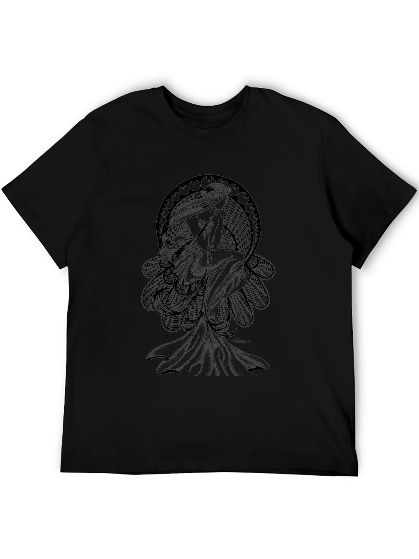 Elegant Black T-Shirt with Art Nouveau Graphic