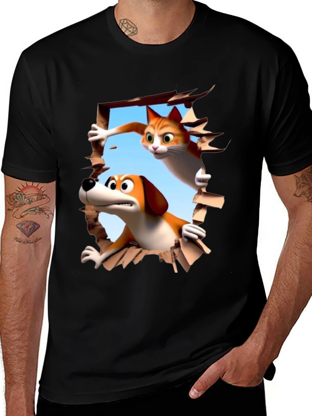 Cartoon Cat and Dog T-Shirt - Unisex