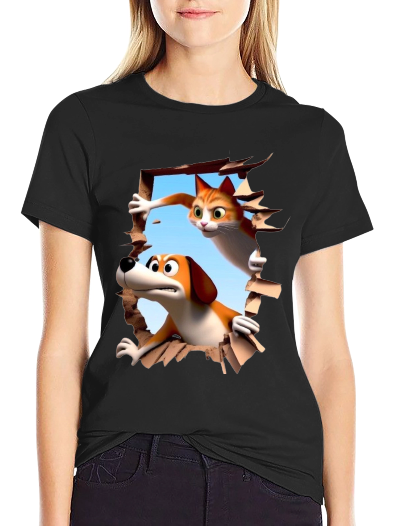 Cartoon Cat and Dog T-Shirt - Unisex