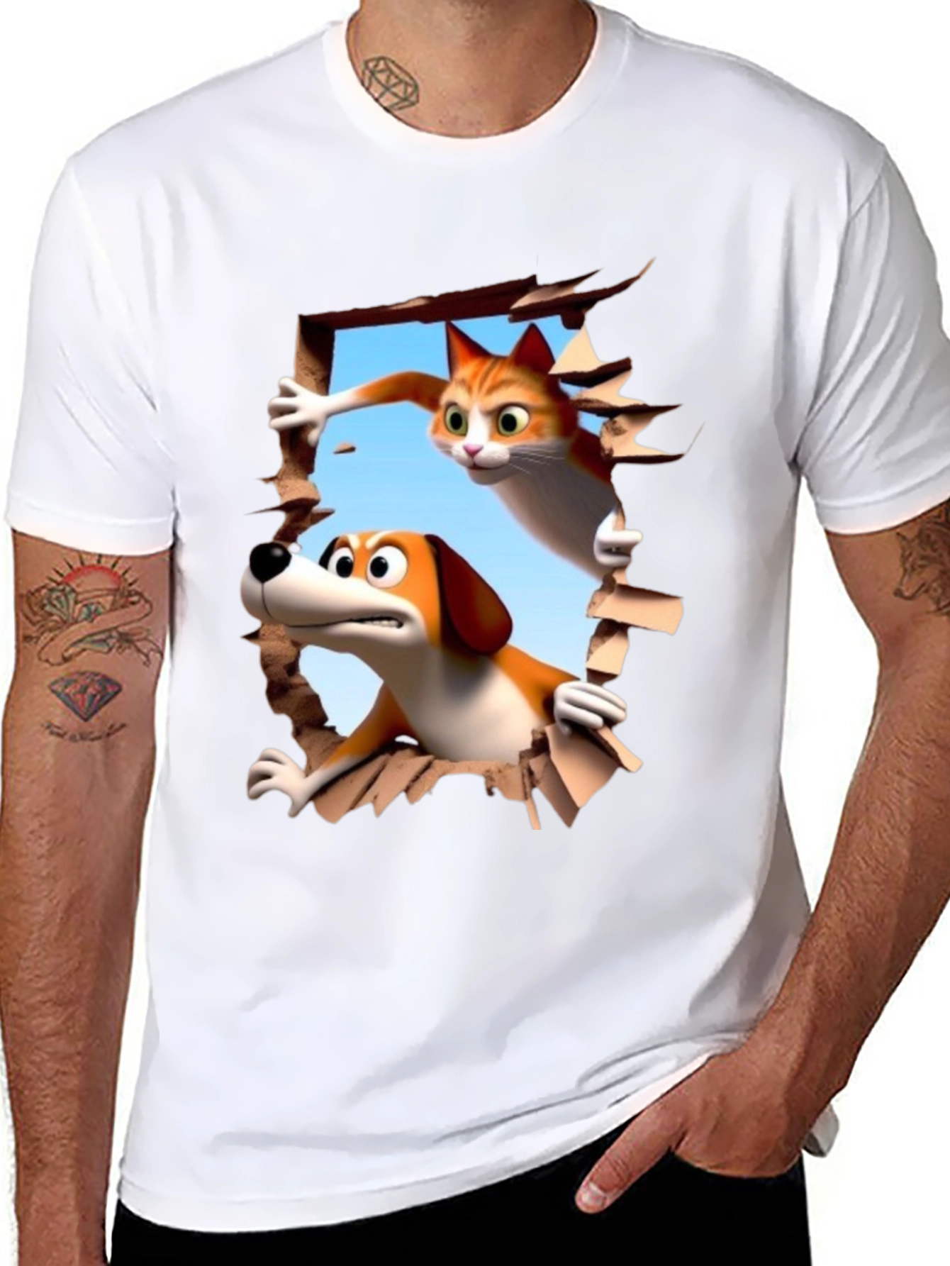 Cartoon Cat and Dog T-Shirt - Unisex