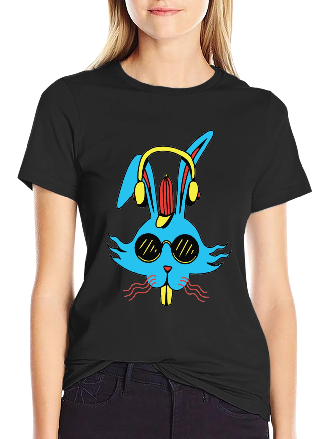 Cool Bunny Graphic Tee - Black Cotton Blend