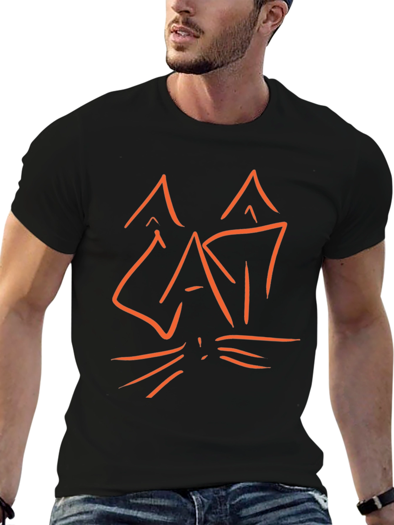 Abstract Cat Graphic Tee - Black Cotton T-Shirt