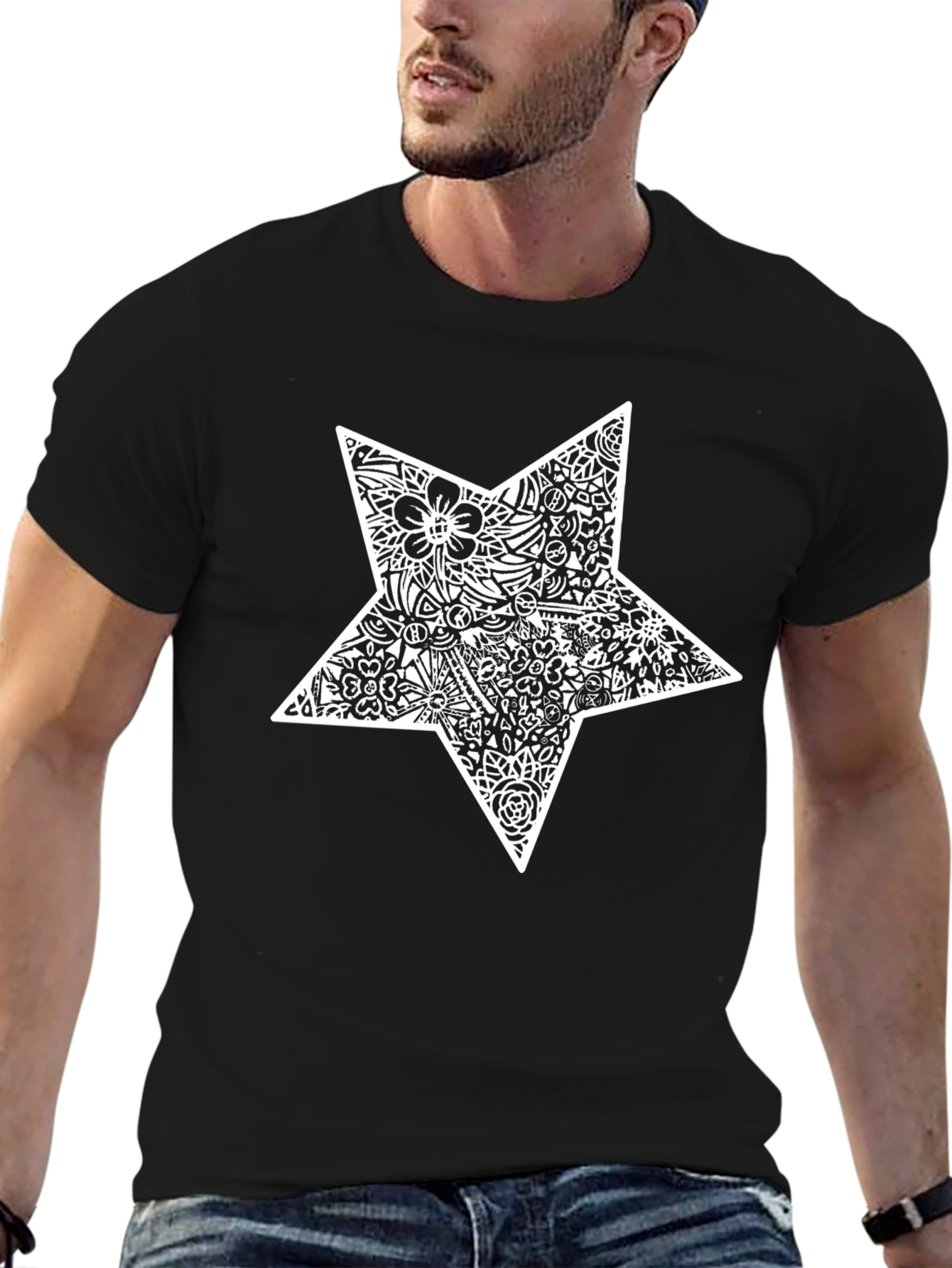 Black T-Shirt with White Star Design