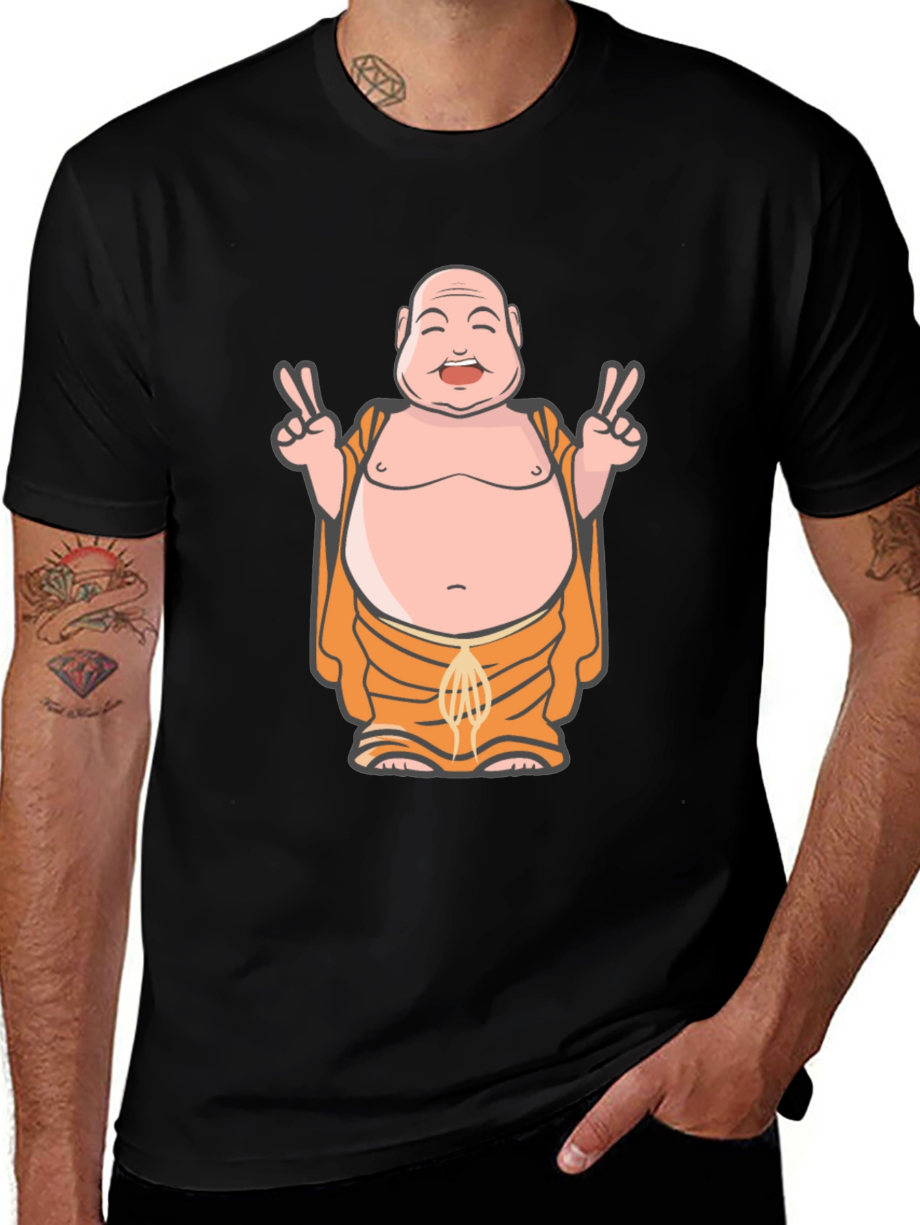 Buddha Peace Sign Graphic Tee - Black Cotton Blend