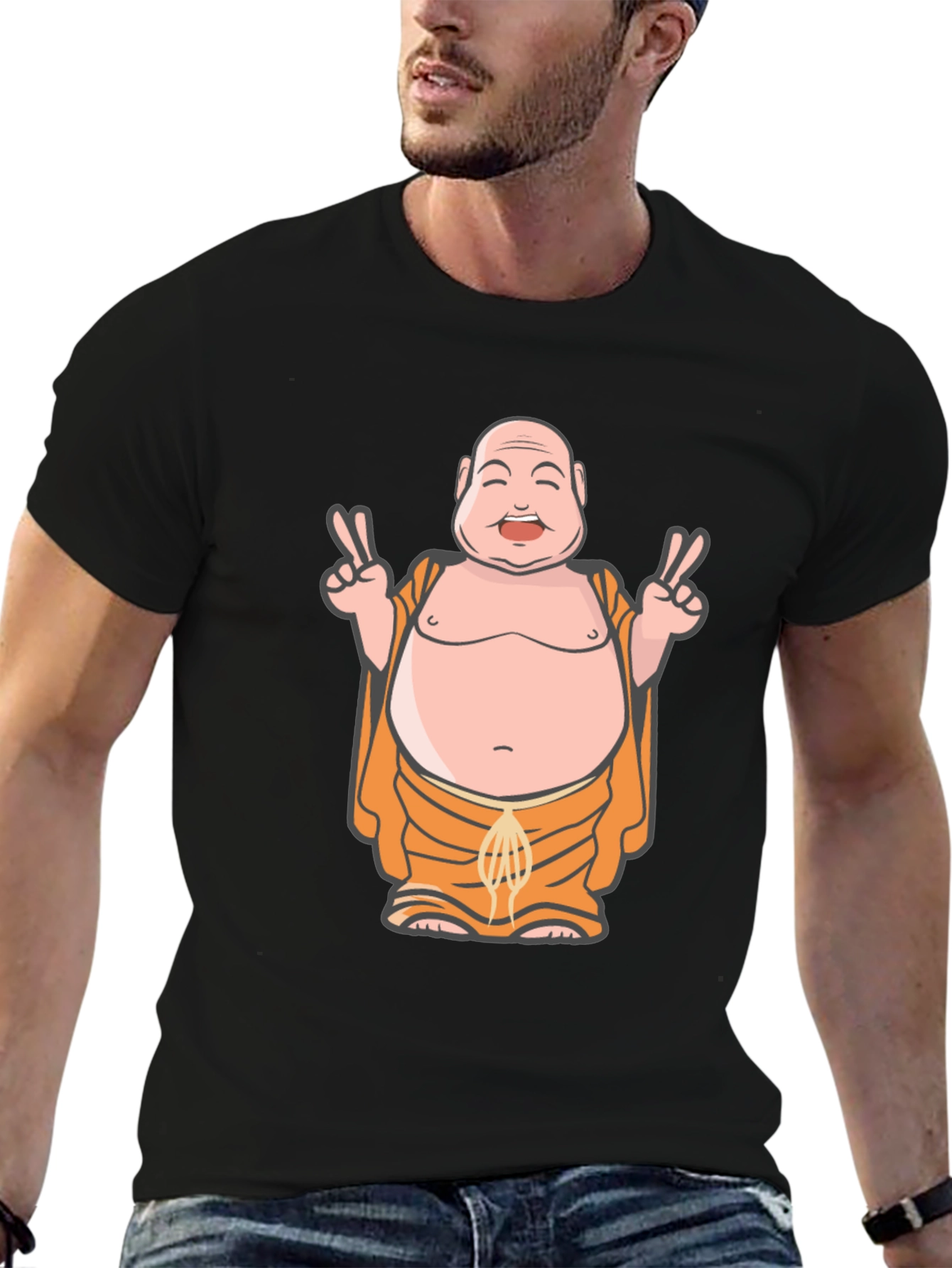 Buddha Peace Sign Graphic Tee - Black Cotton Blend