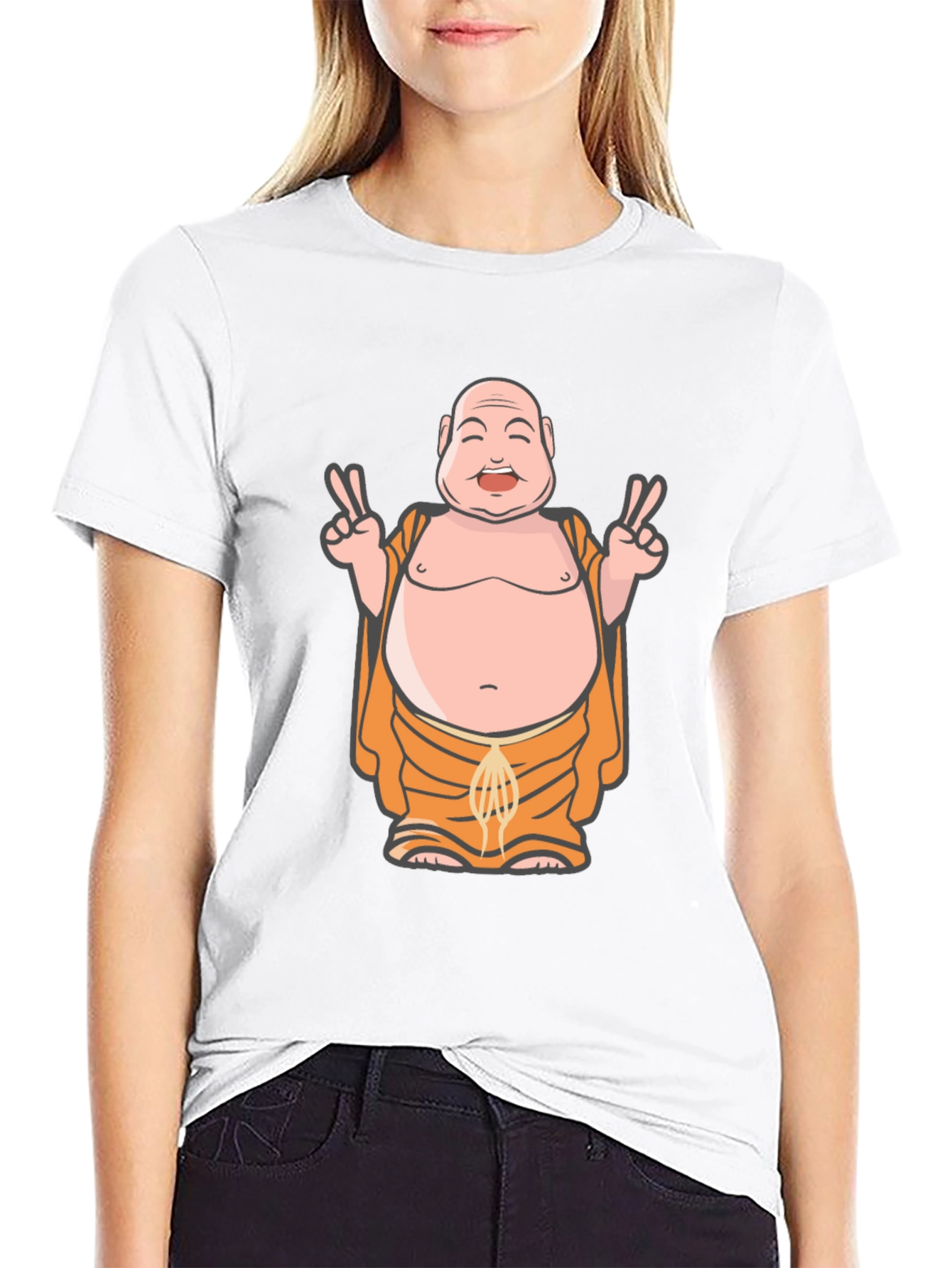 Buddha Peace Sign Graphic Tee - Black Cotton Blend